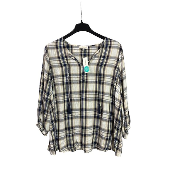 Stitch Fix Skies Are Blue Curvy Womens 2X Plaid Split Neck Top Tassel Ties New - Picture 1 of 4